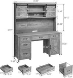 Farmhouse 67''H Executive Desk with Hutch & 5 Drawers, Rustic Office Desks Computer Desks with Charging Station, File Drawers and Storage Cabinets, Wood Workspace for Home Office & Study.（Grey）.