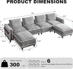 146" 4 Seater Cloud Couch with 2 Ottoman,Modular Sectional U Shaped Sofa with Armrests Wooden Legs,Oversized Deep Seat Comfy Thicked Cushion Upholstered Sofa for Living Room Bedroom,Light Grey