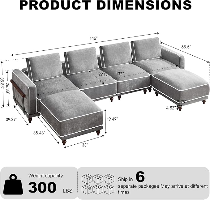 146" 4 Seater Cloud Couch with 2 Ottoman,Modular Sectional U Shaped Sofa with Armrests Wooden Legs,Oversized Deep Seat Comfy Thicked Cushion Upholstered Sofa for Living Room Bedroom,Light Grey