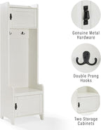 Crosley Furniture Fremont Hall Tree with Storage Cabinets and Coat Rack Hooks for Hanging, Distressed White
