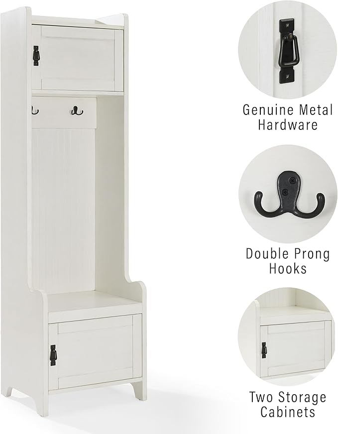 Crosley Furniture Fremont Hall Tree with Storage Cabinets and Coat Rack Hooks for Hanging, Distressed White