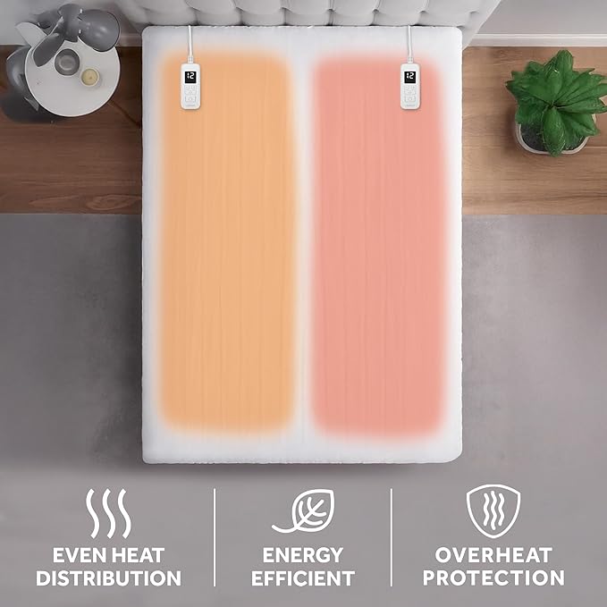 Sunbeam Electric Heated Mattress Pad Soft Cozy Fabric Fast Heating 12 Heat Settings 12-Hour Auto Shut-Off Deep Pocket Skirt Machine Washable King 80" x 76"