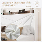 SHA CERLIN King Size Bed Frame with 3 Drawers, USB & Type-C Charging Ports, Velvet Upholstered Platform Bed with Modern Geometric Wingback Storage Headboard, No Box Spring Needed, Easy Assembly, White
