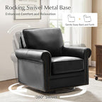 HULALA HOME Swivel Accent Chair Genuine Leather Barrel Rocker Chair with Metal Base Transitional Armchair Padded Round Armrest, Black