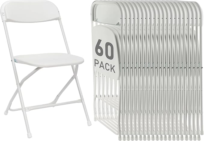 60 Pack White Plastic Folding Chairs, Portable Party Chairs, Stackable Commercial Seats with Steel Frame for Home Office Wedding Party Indoor Outdoor Events Chairs, 350lbs Capacity