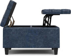 SIMPLIHOME Harrison 30 inch Wide Transitional Square Small Coffee Table Storage Ottoman in Denim Blue Vegan Faux Leather, Assembled, for The Living Room and Bedroom