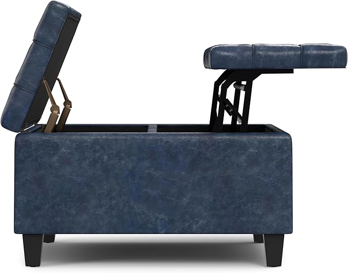 SIMPLIHOME Harrison 30 inch Wide Transitional Square Small Coffee Table Storage Ottoman in Denim Blue Vegan Faux Leather, Assembled, for The Living Room and Bedroom