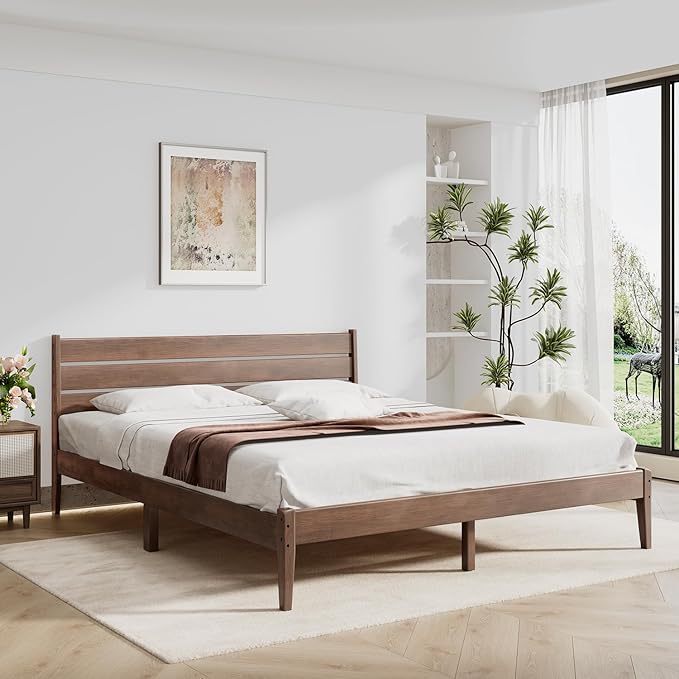 Queen Size Bed Frame, Malaysian Oak Bed Frame with Ladder Headboard, Solid Wood Bed Frames with Elevated Bed Legs, No Box Spring Needed, Noise-Free, Queen Size, Antique Espresso