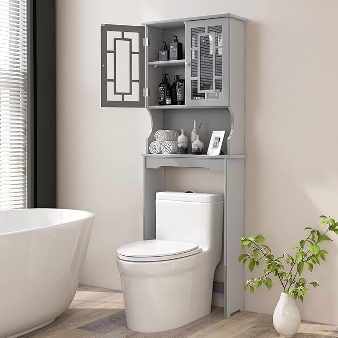 Giantex Over-The-Toilet Storage Space Saver, Bathroom Organizer with Cabinet and Shelf, Above Toilet Standing Rack (Gray)
