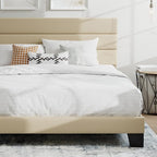 SHA CERLIN King Platform Bed Frame with Upholstered Fabric Headboard, Mattress Foundation with Strong Wooden Slats Support, No Box Spring Needed, Beige
