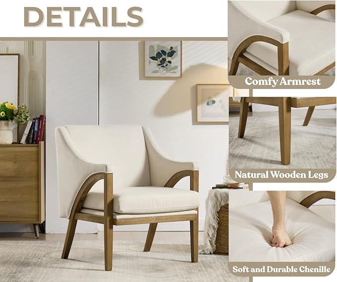 EALSON Modern Accent Chair Comfy Living Room Chair with Wooden Frame and Armrest Mid Century Upholstered Fabric Reading Lounge Armchair for Living Room/Bedroom/Reading/Balcony, Chenille White