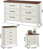 Farmhouse Bedroom Dresser and Nightstand Set of 4, 6 Drawer Tall & Low Dresser & 3 Drawer Nightstand Set with Wooden Legs, Rustic Wood Bedroom Furniture Sets for Livingroom, Hallway, White
