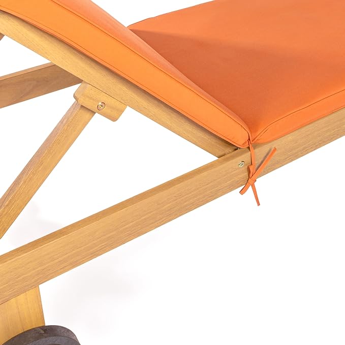 JONATHAN Y LNG1000C Mallorca 77.56"x23.62" Modern Classic Adjustable Acacia Wood Chaise Outdoor Lounge Chair with Cushion & Wheels Coastal, Bohemian, Minimalist, Traditional, Orange/Natural