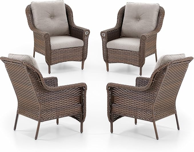 Patio Wicker Chairs Outdoor Furniture Chair - Set of 4 Outside All Weather Lawn Dining Brown Rattan Armchair with High Back&Deep Seating for Deck Porch Balcony Backyard Garden - Beige