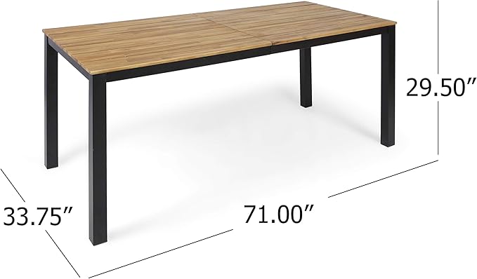 Christopher Knight Home Zak Outdoor 71" Acacia Wood Dining Table, Teak Finish, Black