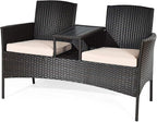 COSTWAY 2-Seat Patio Conversation Sets, Outdoor Patio Loveseat Set with Removable Cushions & Built-in Coffee Table for Backyard, Garden, Lawn, Balcony, Brown+Beige