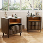Fluted Nightstand Set of 2, 2 Drawers Storage Bedside Table with Charging Station, Wood Modern Nightstand with Open Shelf, Curved Profile Design, End Table for Indoor Room Bedroom, Walnut
