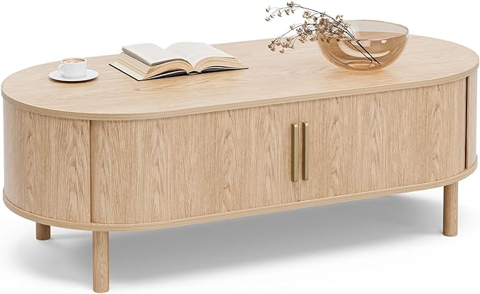 Coffee Table for Living Room, Modern Oval Coffee Table with Cabinets & Sliding Doors, Home Small Space, 47.2" Fluted Center Table, Natual
