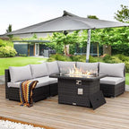 Nicesoul 6 Piece L Shaped Outdoor Patio Set with Firepit Table Natural Gas & Propane Convertible, 29.3'' High-Back Rattan Sectional Sofa, All Weather Deep Seats XL Large Conversation for Outside, Grey