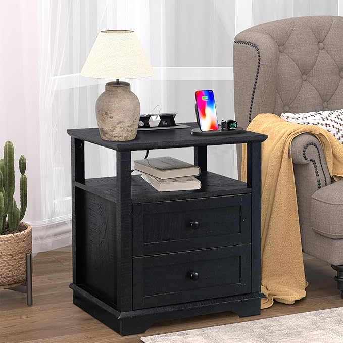 HIFYOBRO End Table with 2 Drawers and Charging Station, Type-C & USB Port & Power outlets, Wooden Storage Nightstand, Large Side Table with Storage for Living Room and Bedroom