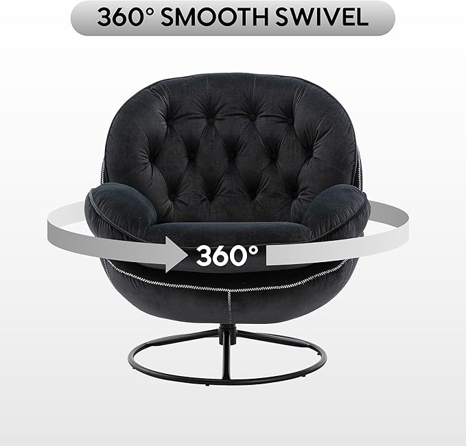 360° Swivel Modern Velvet Accent Chair with Ottoman | Mid-Century Button Tufted Lounge Chair for Living Room & Bedroom, Black