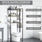 31.5" Wide Over The Toilet Storage, Solid Wood Over Toilet Bathroom Organizer with Paper Holder, Hooks, Side Shelf, 7-Tier Metal Over Toilet Shelves Rack for Laundry, Dorm Room, Balcony, Black