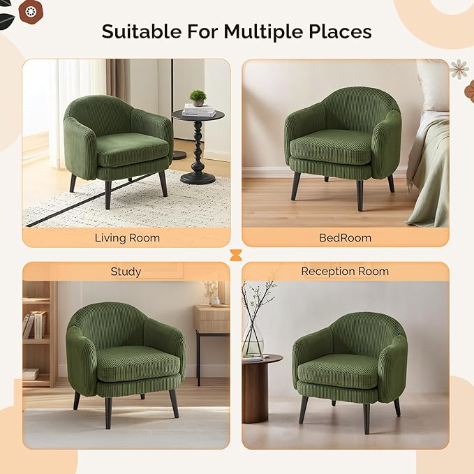 VINGLI 30.3" Wide Modern Barrel Accent Armchair with Track Armrest, Solid Wooden Legs, Comfy Upholstered Club Chair,Round Single Home Sofa for Living Room, Bedroom, Reading Room, Corduroy Green