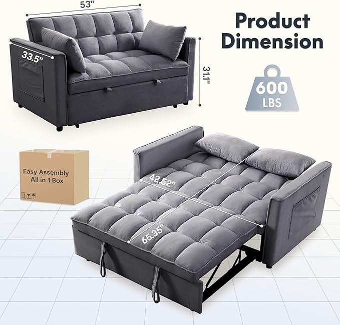 FLEXISPOT XCT4 Pull Out Couch for Small Spaces, 3-in-1 Convertible Loveseat Sofa Bed with Adjustable Backrest, Compact Futon Sofa Bed Twin Sleeper Loveseat for Apartment Dorm RV Guest Room, Gray