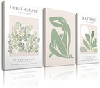 Matisse Sage Green Framed Wall Art,Abstract Green Canvas Wall Decor.12x16in Plants Botanical Poster Prints,Minimalist Classic Home Decoration for Living Room Bedroom Bathroom Office,Set of 3
