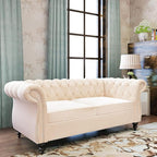 Chesterfield 3 Seater Sofa, Modern Velvet Tufted Couch 3 Seater with Rolled Arms and Nailhead Mid-Century Upholstered Couch for Living Room, Bedroom, Apartment and Office, Beige