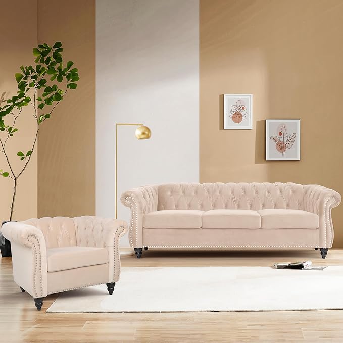 2 Piece Living Room Sofa Set, 3 Seater Velvet Sofa Couch and Chair Set, Mid Century Modern Upholstered Couch with Cushions, Comfy Tufted Chesterfield Couches for Living Room, Bedroom, Office