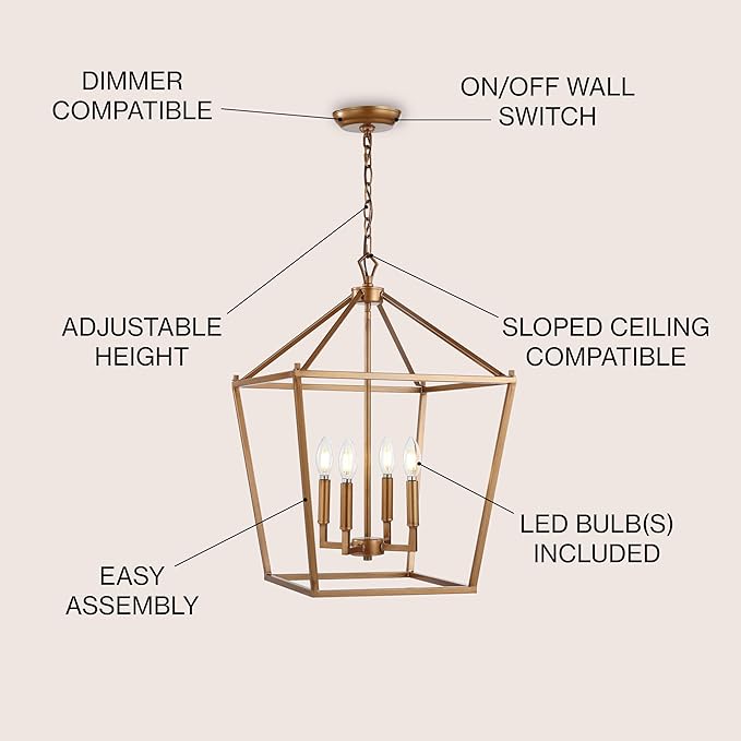 JONATHAN Y JYL7437B Pagoda Lantern Dimmable Adjustable Metal LED Pendant Classic Traditional Farmhouse Dining Room Living Room Kitchen Foyer Bedroom Hallway, 16 in, Antique Gold