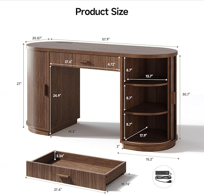 ONBRILL 58" Fluted Executive Desk with Storage, Home Office Desk with Drawers, Wood Computer Writing Desks with Charging Station for Study Living Room Bedroom Work Walnut