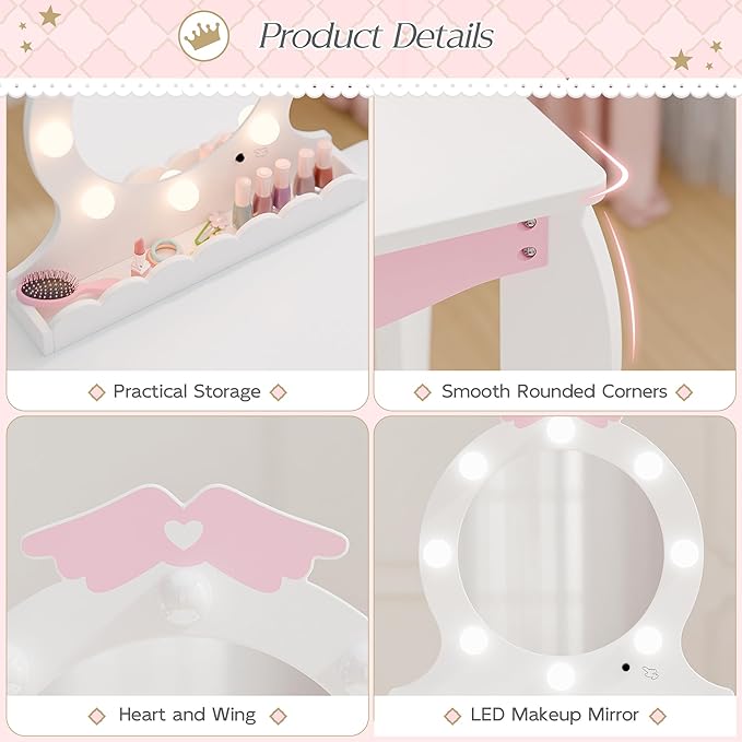 MU Kids Vanity Set with Lighted Mirror and Stool, Kids Make Up Vanity Desk with Storage Space, Wing Pattern for Little Girls, Toddler Princess Makeup Dressing Table with Chair Set, White