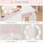 MU Kids Vanity Set with Lighted Mirror and Stool, Kids Make Up Vanity Desk with Storage Space, Wing Pattern for Little Girls, Toddler Princess Makeup Dressing Table with Chair Set, White