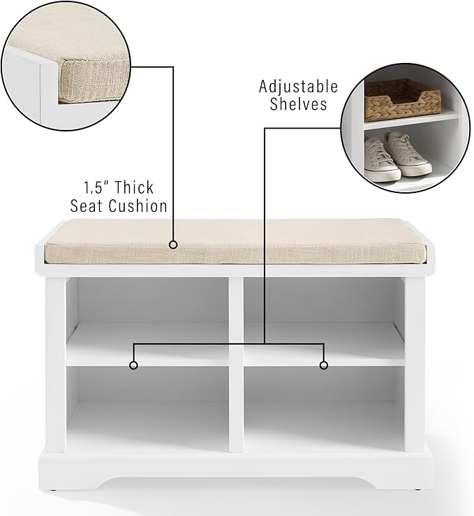 Crosley Furniture Anderson Entryway Storage Bench with Shoe Rack Organizer Shelves, White