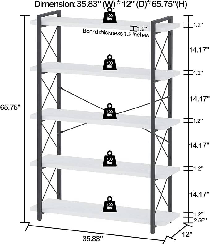HCHQHS Bookshelf, 5-Tier Industrial Bookcase, Open Book Shelf, Freestanding Tall Bookshelves with Metal Frame