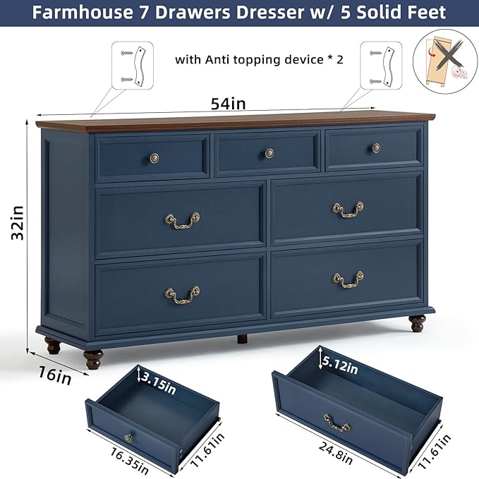 Bedroom Dresser Sets, 54" Wide 7 Drawers Dresser and 45" Tall 5 Drawers Dresser, Wooden 2 Piece Bedroom Furniture Set, Chest of Drawer for Bedroom, Home, Living Room, Hallway, Navy Blue