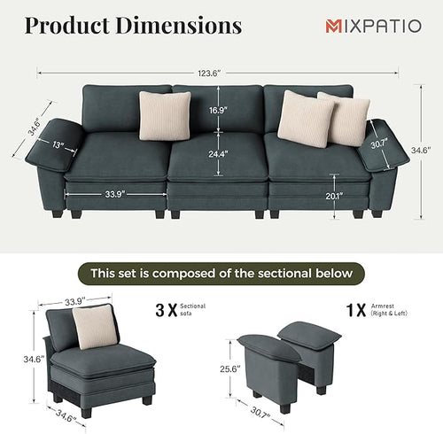 123" Cloud Modular Sectional Sofa, 3-Seater w/Deep Seat & Removable Arms, Plush Chenille for Living Room - Cyan