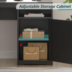 63" Farmhouse L Shaped Desk with Drawers & Storage Shelf, Corner Computer Desk with Power Outlets for Home Office, Executive Desk with Monitor Stand, Printer Shelf, Black