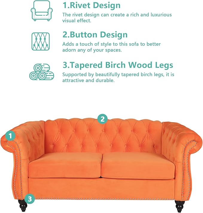 2 Piece Living Room Furniture Set, Velvet Loveseat and Chair Set, Mid Century Modern Upholstered Sofa Couch with Cushions, Comfy Tufted Chesterfield Couches for Living Room, Bedroom, Office