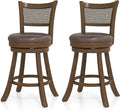 COSTWAY 25” Swivel Counter Height Barstools Set of 2, Rubber Wood Bar Stools with Rattan Backrest, Footrest, Upholstered Leathaire Armless Chairs for Kitchen Island, Pub, Brown (2, 25” Seat Height)