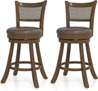 COSTWAY 25” Swivel Counter Height Barstools Set of 2, Rubber Wood Bar Stools with Rattan Backrest, Footrest, Upholstered Leathaire Armless Chairs for Kitchen Island, Pub, Brown (2, 25” Seat Height)