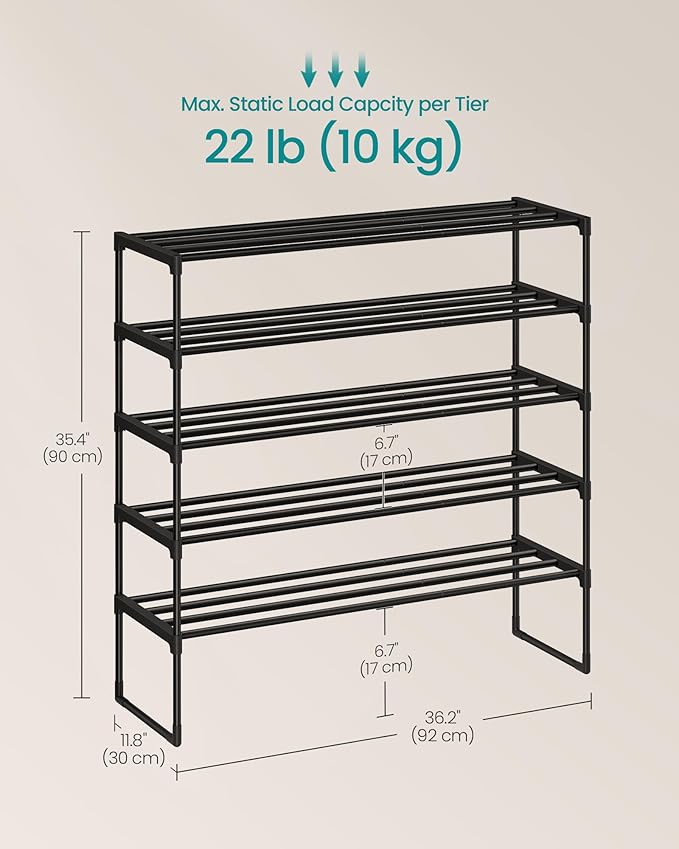 SONGMICS Shoe Rack, 5-Tier Shoe Organizer, Metal Storage Shelf, Upright or Upside Down, for 20-25 Pairs, Stackable, for Entryway, 11.8 x 36.2 x 35.4 Inches, Black ULSA305BH01