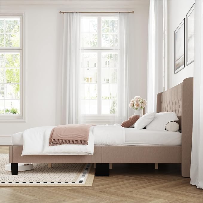 Novilla King Bed Frame, King Bed Frame with Headboard, Linen Upholstered Pull-Point Wing Side Headboard, No Box Spring Needed, Heavy Duty Feet, Easy Assembly, Beige