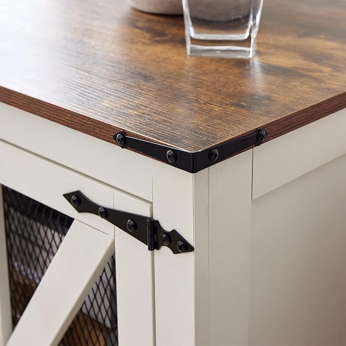 White Farmhouse End Table Set of 2, 24" Wood Sofa Side Table with Charging Station, Nightstand with Mesh Barn Door for Living Room, Square