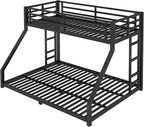 Twin XL Over Queen Bunk Bed Frame with Noise Reduced Design, Heavy Buty Floor Bunk Bed Twin XL Over Queen Bunk Beds with Build in Ladder for Adults, Teens(Black Floor Bunk Bed)