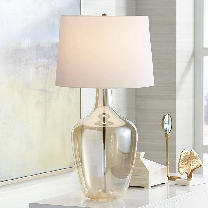Possini Euro Design Ania 31" Tall Jar Large Modern Coastal Country Cottage End Table Lamp Clear Champagne Glass Single Off-White Shade Living Room Bedroom Bedside Nightstand House Office Home