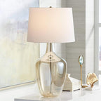 Possini Euro Design Ania 31" Tall Jar Large Modern Coastal Country Cottage End Table Lamp Clear Champagne Glass Single Off-White Shade Living Room Bedroom Bedside Nightstand House Office Home