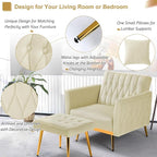 Velvet Accent Chair with Adjustable Armrests and Backrest, Button Tufted Lounge Chair, Single Recliner Armchair with Ottoman and Pillow for Living Room, Bedroom,Beige